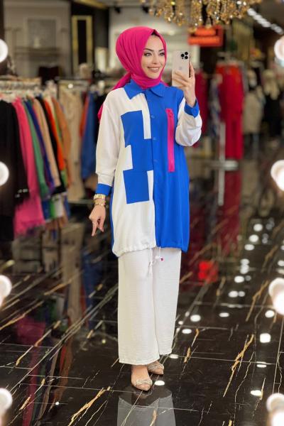 10201 Renkli Fermuar Detaylı Tunik Saks Ekru