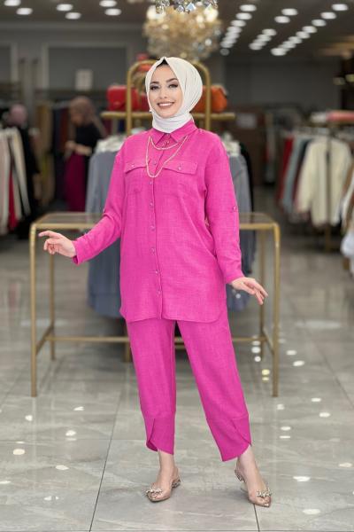 1021 Keten Önü 2 Cepli Takım Fuşya