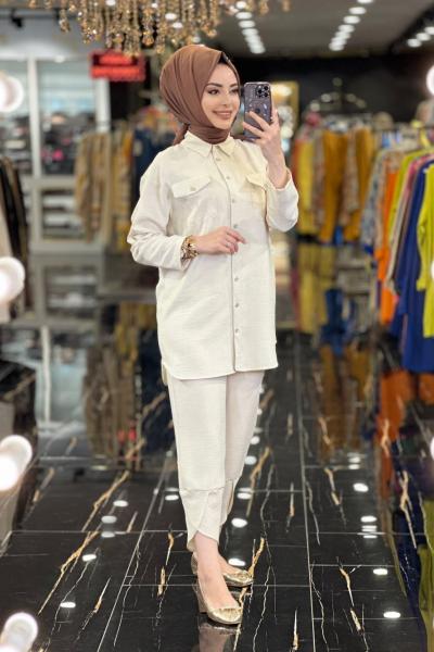 1021 Keten Önü 2 Cepli Takım Bej