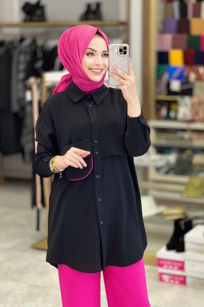 10217 Ayrobin Önü Büyük Cepli Gömlek Siyah
