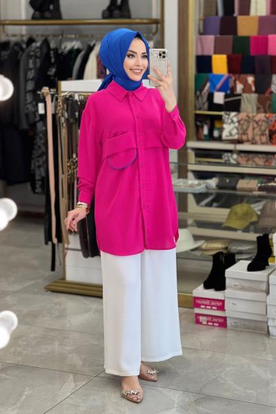 10217 Ayrobin Önü Büyük Cepli Gömlek Fuşya