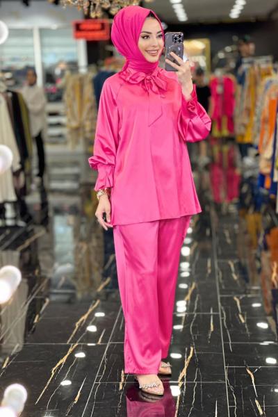 1022 Saten Yakası Bağlamalı Bluz Takım Fuşya