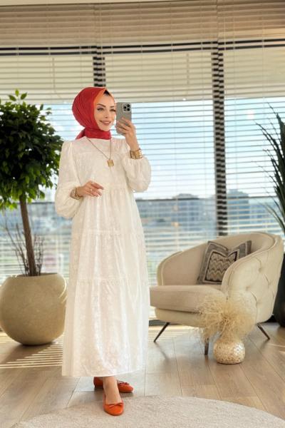 1023 Fisto Dantel Şeritli Elbise Ekru