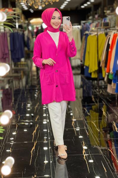 10243 Ön Ve Kolu Metal Düğme Cepli Hırka Fuşya