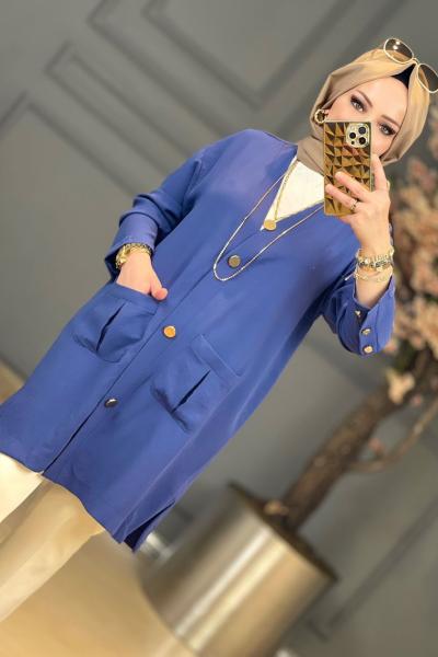 10243 Ön Ve Kolu Metal Düğme Cepli Hırka Koyu İndigo