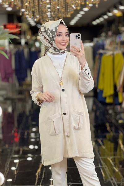 10243 Ön Ve Kolu Metal Düğme Cepli Hırka Bej