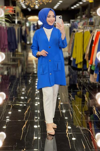 10243 Ön Ve Kolu Metal Düğme Cepli Hırka Saks