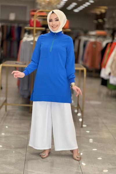 10246 Patı Fermuarlı Ayrobin Tunik Saks