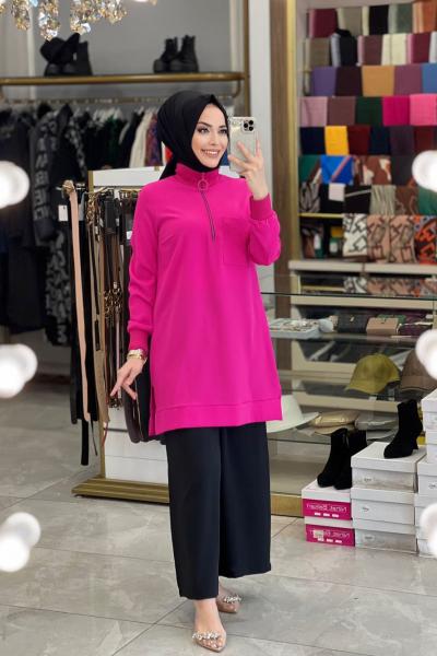 10246 Patı Fermuarlı Ayrobin Tunik Fuşya