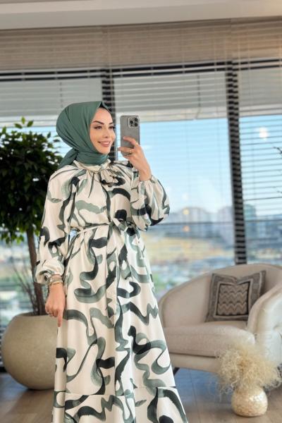 1026 Sulu Boya Desen Elbise Ekru Benetton