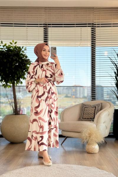 1026 Sulu Boya Desen Elbise Ekru Gül