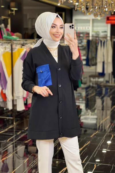 10267 Saten Cep Aksesuarlı Hırka Siyah