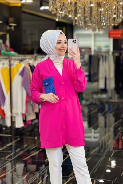 10267 Saten Cep Aksesuarlı Hırka Fuşya