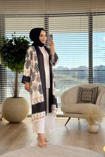 1027 Geometrik Desen Şal Yaka Kap Siyah