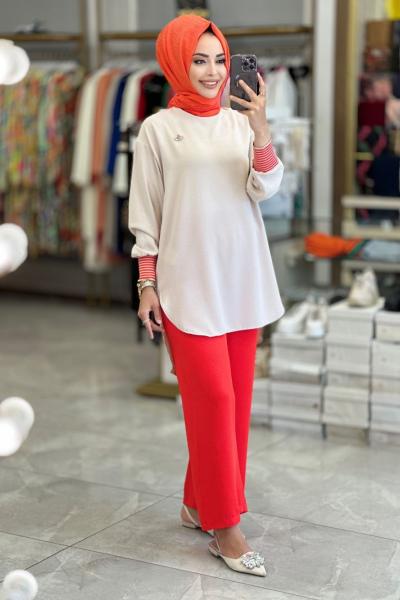 10278 Kol Ucu Çizgi Ribanalı Tunik Bej