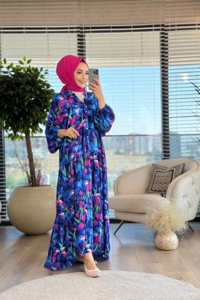 1029 Renkli Çiçekli Elbise Mavi