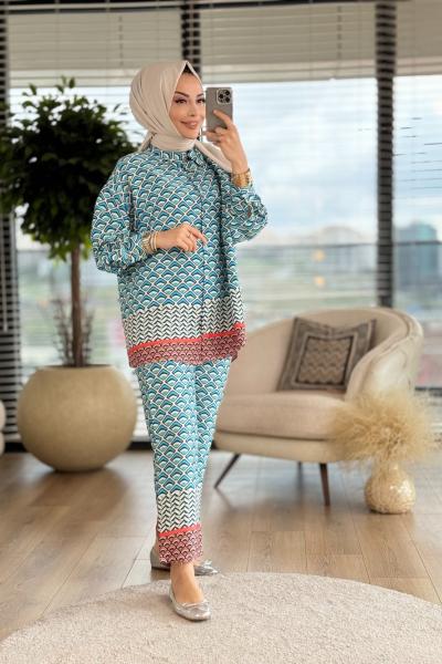 1033 Baskılı İkili Takım Turkuaz