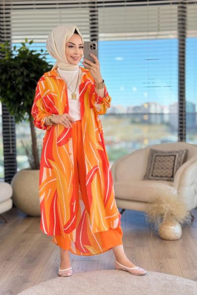 10330 Desenli İki Cepli Tunik Oranj