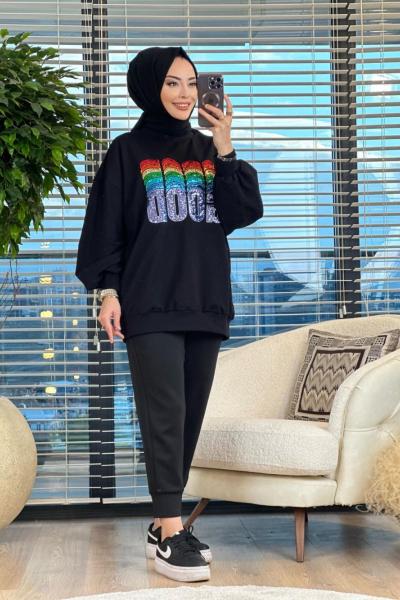 10340 Ön Pul Payet Yazı İşlemeli Tunik Siyah