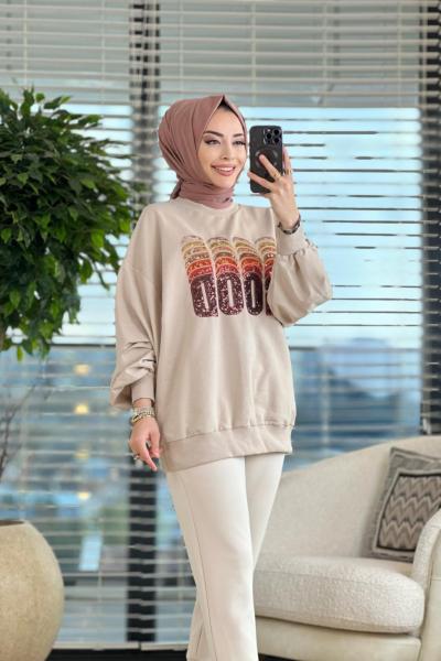 10340 Ön Pul Payet Yazı İşlemeli Tunik Bej