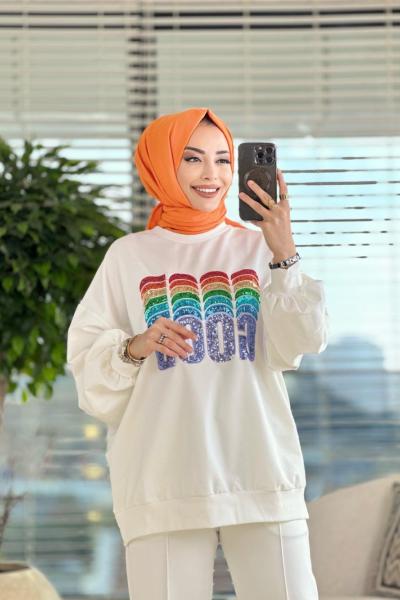 10340 Ön Pul Payet Yazı İşlemeli Tunik Ekru