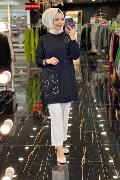 10346 Üstü Oval Parça Taş Detaylı Sweat Siyah