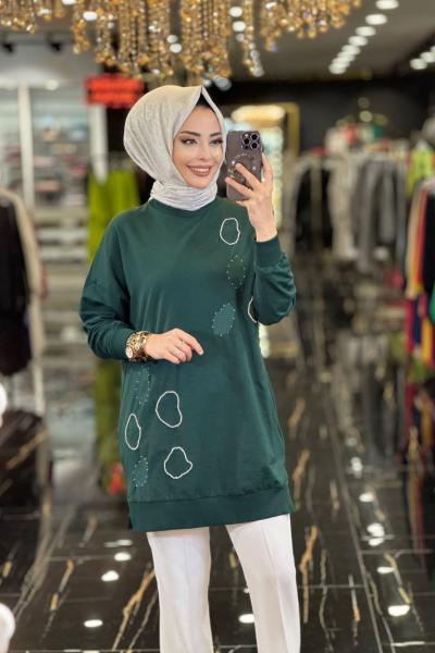 10346 Üstü Oval Parça Taş Detaylı Sweat Zümrüt