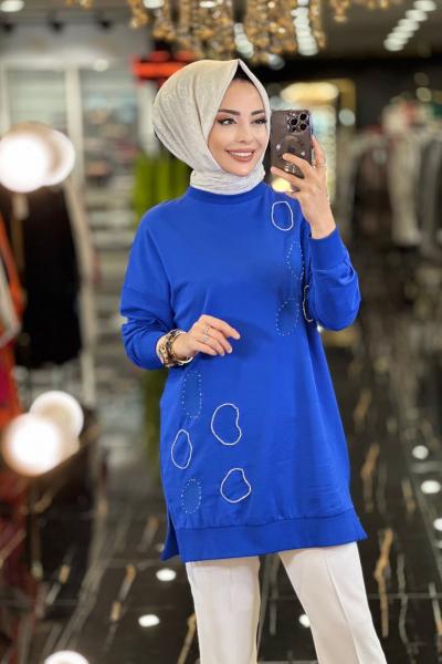 10346 Üstü Oval Parça Taş Detaylı Sweat Saks