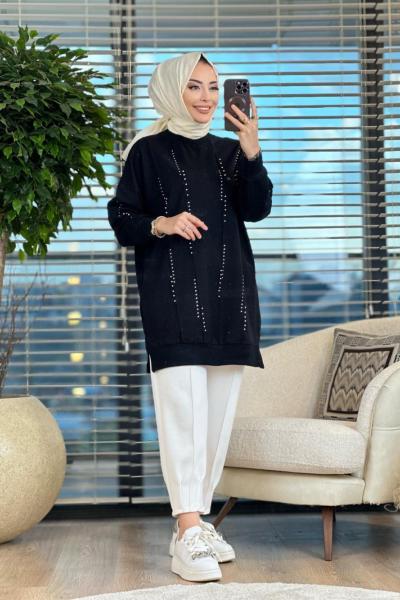 10348 Ön Boyuna Taş Ve İnci İşli Tunik Siyah