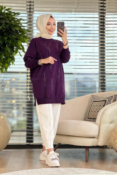 10348 Ön Boyuna Taş Ve İnci İşli Tunik Mürdüm