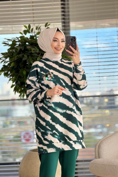 10364 Scuba Desenli Pul İşlemeli Tunik Zümrüt