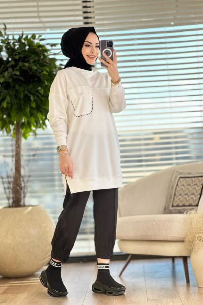 10376 Sol Göğüs Cep Detaylı Tunik Ekru