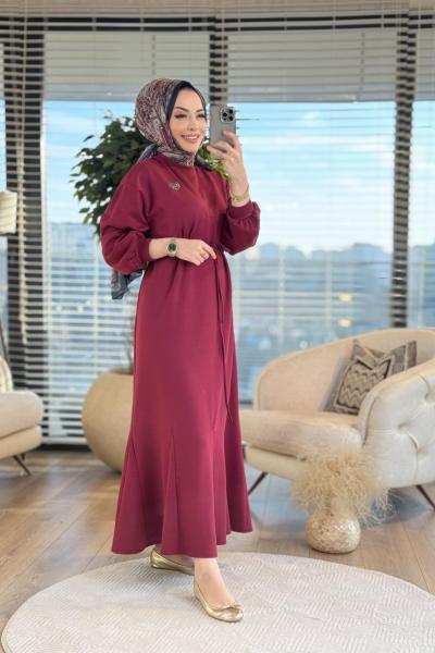 1038 Osyho Eteği Parçalı Elbise Vişne