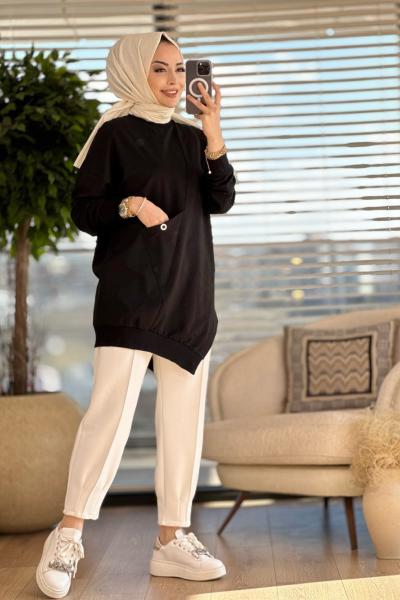 10389 Ön Üçgen Cep Detaylı Tunik Siyah