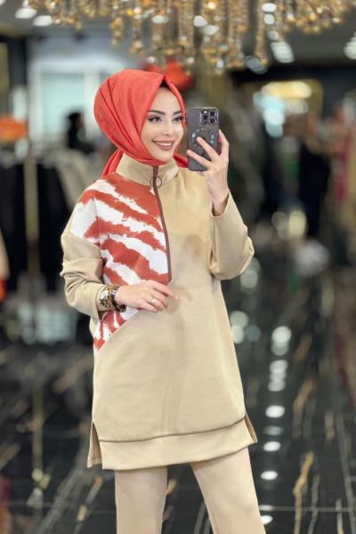 10390 Scuba Sağ Taraf Desenli Pat Fermuarlı Tunik Bej