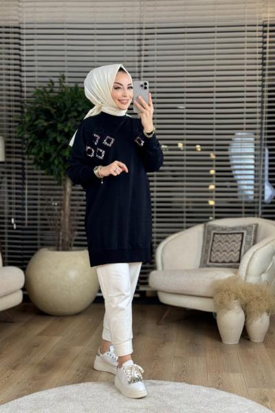 10394 Roba Baklava Pul Ve Nakış İşlemeli Tunik Siyah