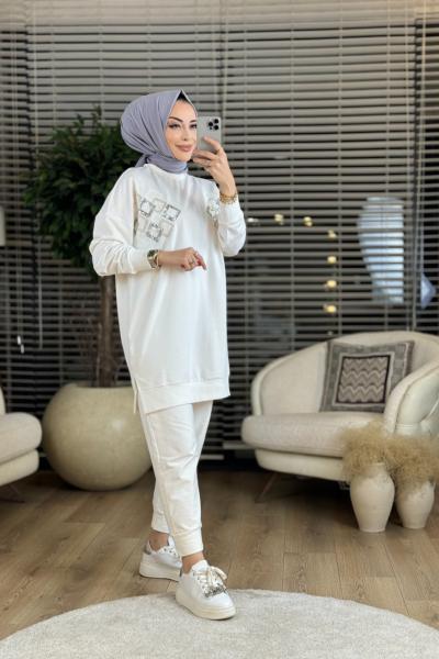 10394 Roba Baklava Pul Ve Nakış İşlemeli Tunik Ekru