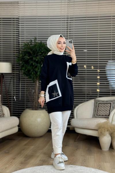 10406 Ön Cep Üstü Yıldız İşli Tunik Siyah