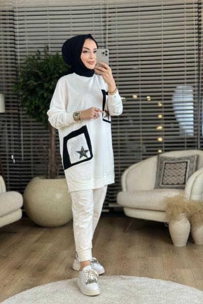 10406 Ön Cep Üstü Yıldız İşli Tunik Ekru