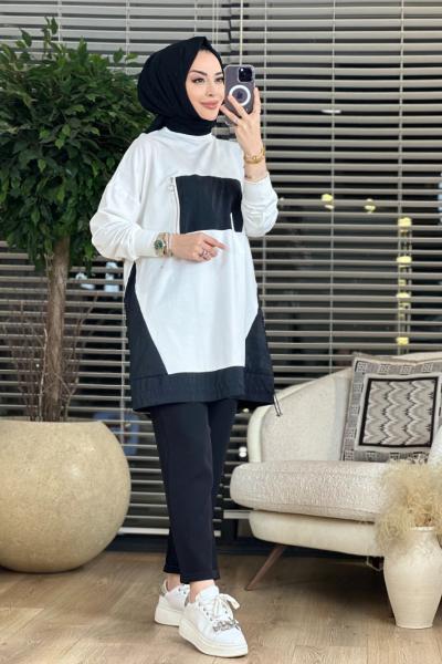 10408 Ön Cep Detaylı Tunik Ekru Siyah