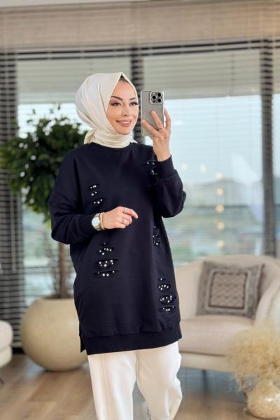 10409 Ön Yırtık İçi Taş Detaylı Tunik Siyah