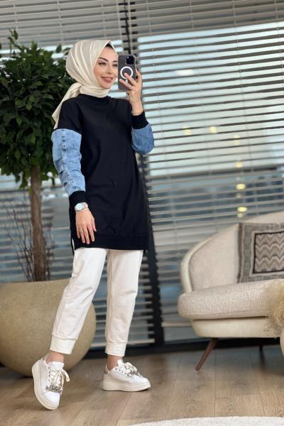 10410 Kolları Kot Detaylı Tunik Siyah