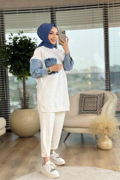 10411 Ön Kot Cepli Kol Kotlu Tunik Ekru