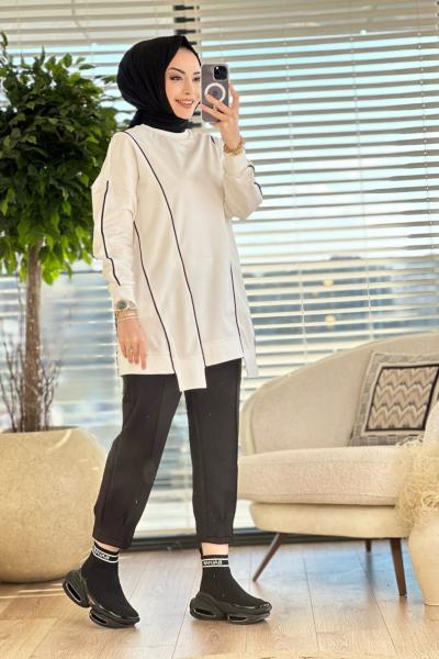 10413 Ön Ve Kolu Biye Detaylı Tunik Ekru