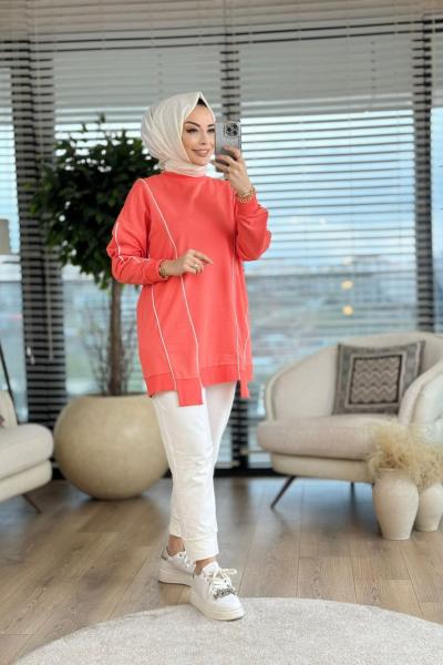 10413 Ön Ve Kolu Biye Detaylı Tunik Mercan