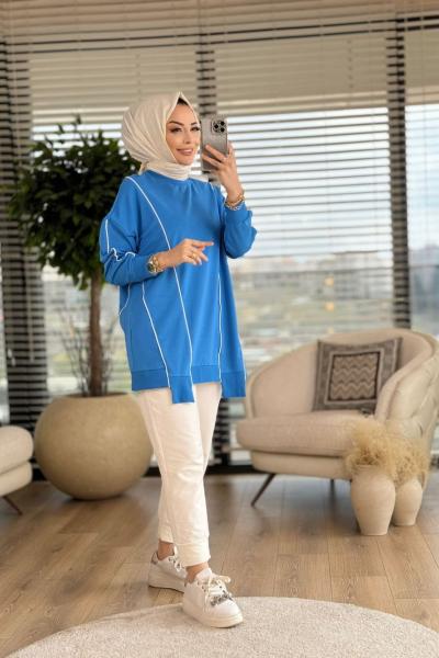 10413 Ön Ve Kolu Biye Detaylı Tunik İndigo