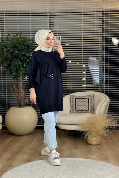 10414 Sol Cep Kapak Üstü Parçalı Tunik Siyah