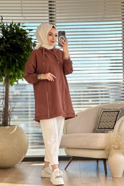 10415 Etek Ucu 2 Fermuar Detaylı Kapş.Tunik Kahve