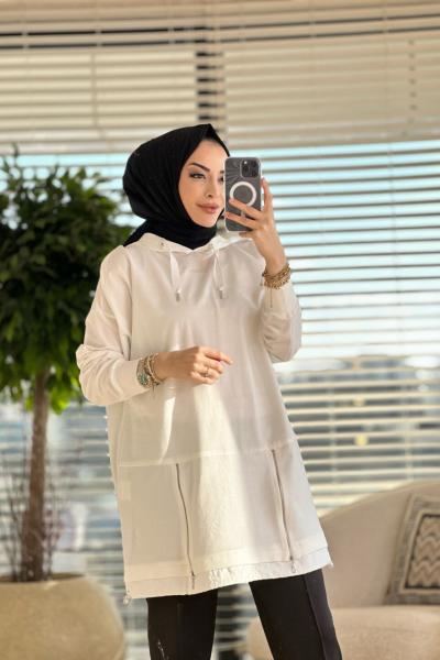 10415 Etek Ucu 2 Fermuar Detaylı Kapş.Tunik Ekru