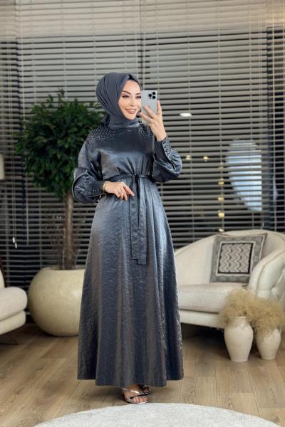 10417 Parlak Kumaş Omuz Taş Baskı Elbise Antrasit